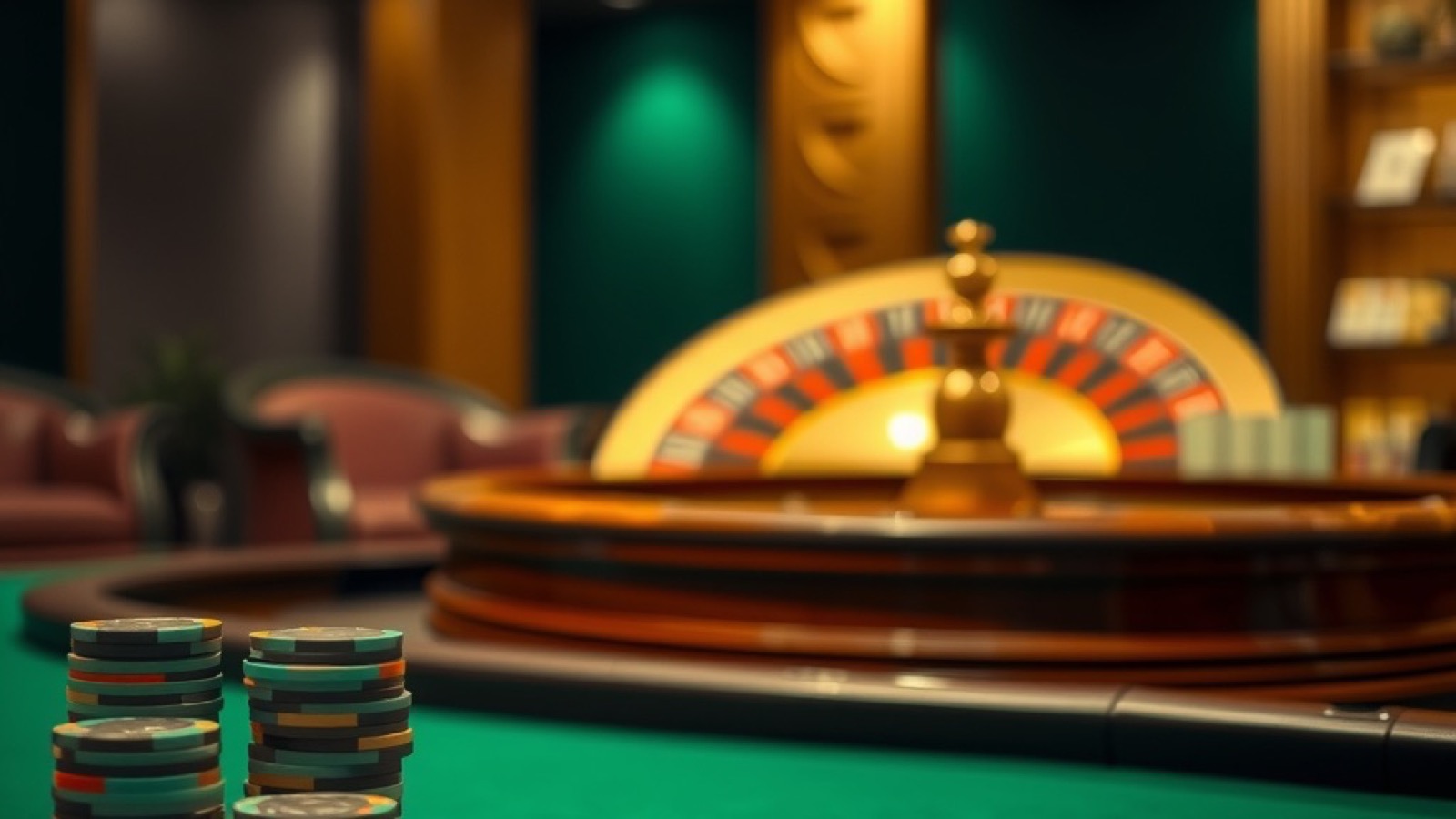 A roulette wheel and stacked chips on a dark gaming floor
