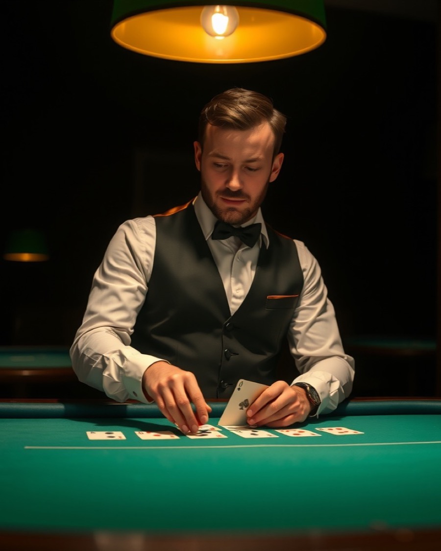 A croupier dealing cards across green baize under a low pendant lamp