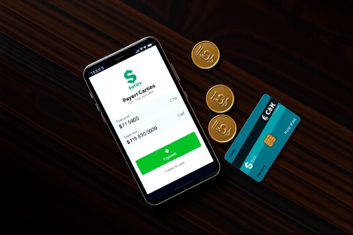 A smartphone showing a payment confirmation beside coins and a bank card