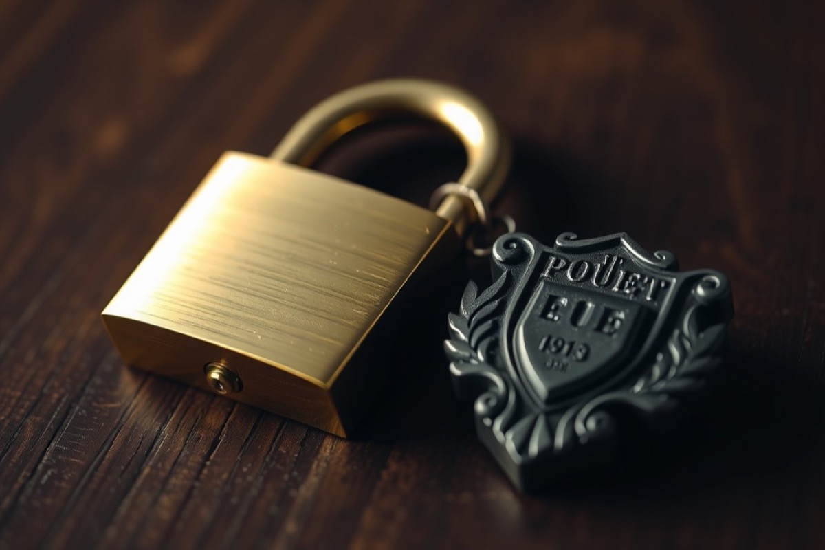 A brass padlock and shield emblem resting on dark wood